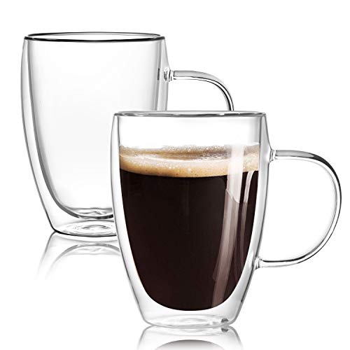 12 Oz Double Walled Glass Coffee Mugs with Handle, Insulated Layer Coffee Cups, Clear Borosilicate Glass Mugs - Gift for Cappuccino,Tea,Latte,Espresso,Hot Beverage,Cold Drinks, Set of 2