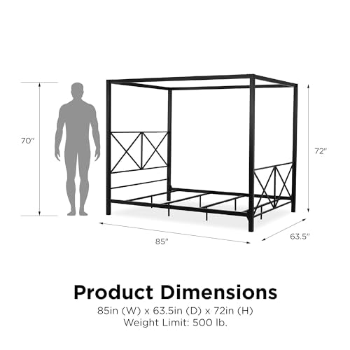 DHP Rosedale Metal Canopy Bed Frame with Four Poster Design and Geometric Accented Headboard and Footboard, Underbed Storage Space, Queen, Black