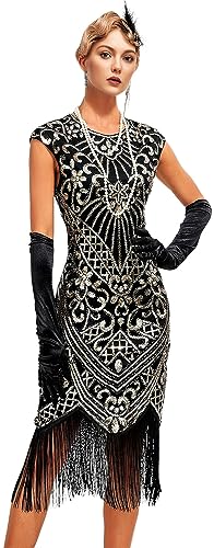 Womens Flapper Dress w/Cap Sleeves Art Deco Sequin Beaded Fringe 1920s Great Gatsby Party Dress w/Accessories Set Black Gold