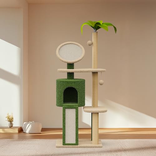 Small Cat Tree Tower, 27.5" Tall Natural Sisal Cat Tree, Double Base Cat Scratching Post with Cat Self Groomer Brush, Soft Plush Cat Perch Bed with Dangling Ball for Indoor Kittens, Colorful Cat Tree