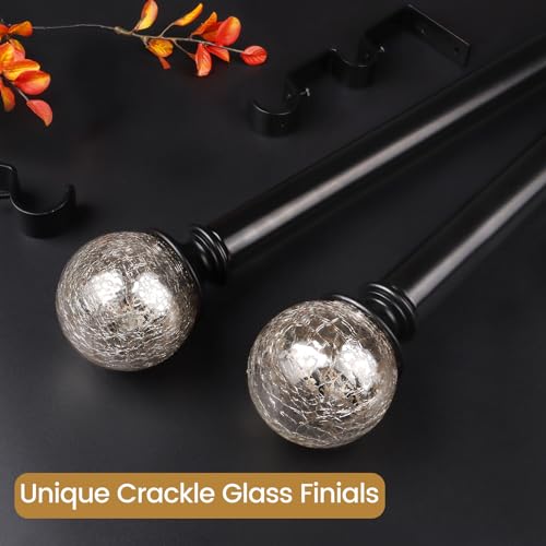 KAMANINA 1 Inch Double Curtain Rods 36 to 72 Inches(3-6 Feet) Black Curtain Rod for Windows, Telescoping Heavy Duty Drapery Rods with Crackle Glass Ends
