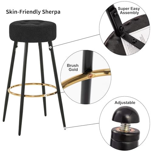 Furnimart 30 inches Modern Round Bar Stools Set of 2, Upholstered Dining Chair Stool with Gold Footrest for Kitchen Island Coffee Pub Shop Bar Height (Velvet-Black)