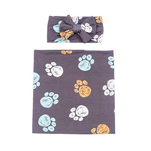 QTECLOR Newborn Receiving Blanket Headband Set - Unisex Soft Baby Swaddle Girl Boy Gifts (Bear paw- gray)