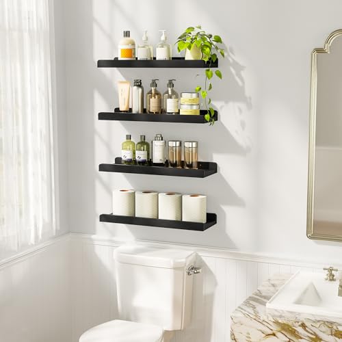 Love-KANKEI Black Floating Shelves for Wall Set of 4, Wood Wall Shelves with Lip,15.6 Inch Rustic Hanging Shelves for Bedroom Bathroom Living Room Kitchen Nursery Display