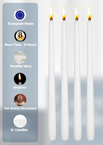 Hyoola 12 Pack Tall Taper Candles - 10 Inch White Dripless, Unscented Dinner Candle - Paraffin Wax with Cotton Wicks - 8 Hour Burn Time