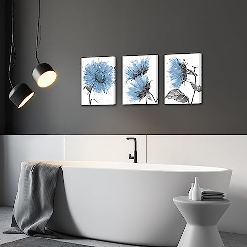 LevvArts Watercolor Abstract Flower Canvas Wall Art Wild Sunflower Painting Picture Prints White and Blue Bathroom Decorations (Blue, Small)