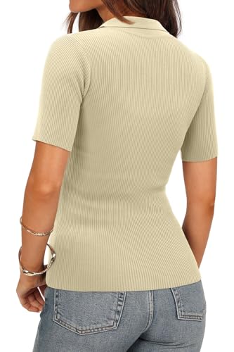 ONLYSHE Women's Short Sleeve Casual T Shirts Summer Slim Fitted Plain V Neck Tee Blouse Tops,Off White,Small