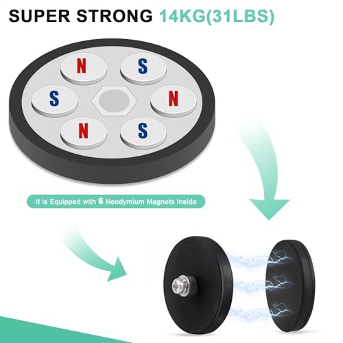 Learay 6 Pack Rubber Coated Magnets, 31 LBS Neodymium Magnet Base with M6 Threaded Studs, Strong Mounting Stud Magnet Black Rare Earth Magnets for Light Bar Mirror Camera Tool