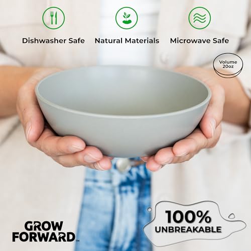 Grow Forward Premium Wheat Straw Bowls Set of 8 - Reusable 20oz Hard Plastic Cereal Bowls - Unbreakable Microwave Safe Bowls for Kitchen, Camping, RV, Dessert, Soup, Salad, Ramen, Eating - Feather