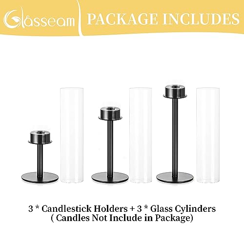 Glass Hurricane Black Candlestick Holders: Glasseam Metal Taper Candle Holders with Glass Cylinder Shade Set of 3, Modern Candle Holder for Table Centerpiece Wedding Christmas Decoration