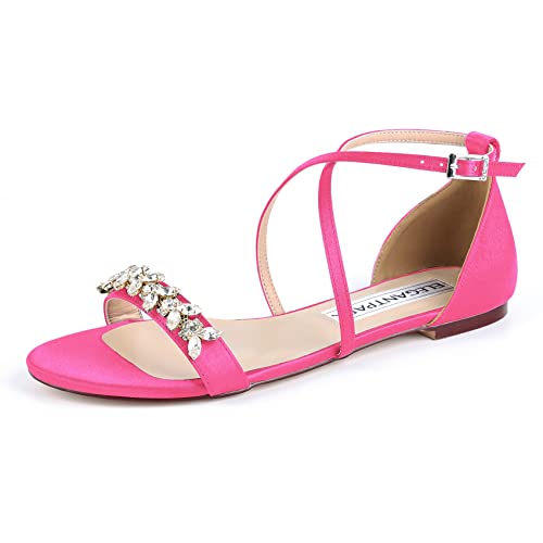 ELEGANTPARK FS2321 Hot Pink Sandals for Women Open Toe Comfortable Strappy Sandals Flats Rhinestones Summer Satin Wedding Evening Party Dress Flat Sandals US 7