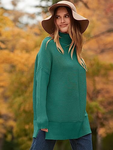 ANRABESS Women Oversized Turtleneck Long Batwing Sleeve Split Hem Pullover Knit Tunic Sweater Outfits 2024 Trendy Clothes Nutmeg Small