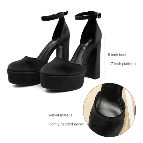 JENN ARDOR Women's Platform Heels 5 Inch Chunky High Heel Pumps Block Heels 1.7 Inch Platform Ankle Strap Closed Toe for Dress Wedding Party Pumps Black- Velvet