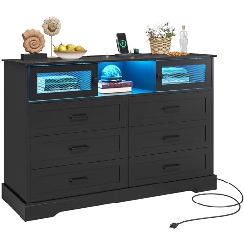 Hasuit 6 Drawer Dresser with LED Lights and Charging Station, Farmhouse Chest of Drawers Closet Organizer, Clothes Storage Cabinet Double Dressers for Bedroom, Living Room, Hallway, Black
