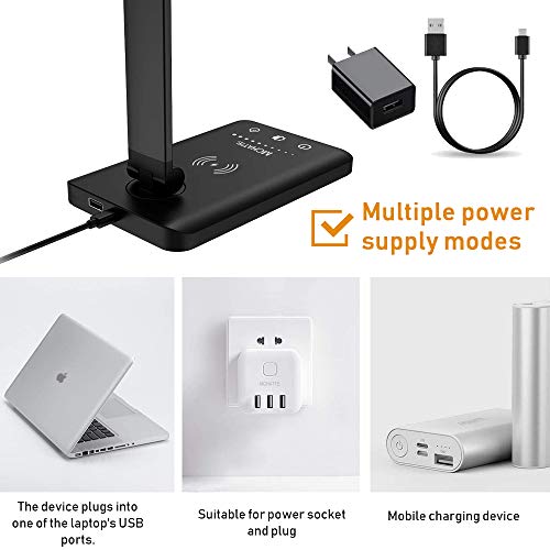 MCHATTE LED Desk Lamp with USB Charging Port, Dimmable Eye-Caring Table Lamps with Wireless Charger, 5 Brightness Levels & 5 Lighting Modes, Touch Control, Auto Timer