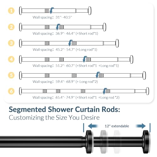 AmazerBath Spring Tension Shower Curtain Rod, 31-46.5 Inches Heavy Duty Shower Curtain Rod Rust Proof Bathroom Curtain Rod, Adjustable Shower Curtain Rod No Drill Easy Segmented Installation, Black