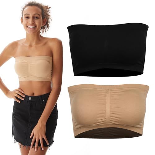 PUREMSX Padded Tube Bra Women, Strapless Bandeau Basic Breathable Wireless Spandex Stretch Sleep Bando Bra,Small,2 Pack,Black,Beige