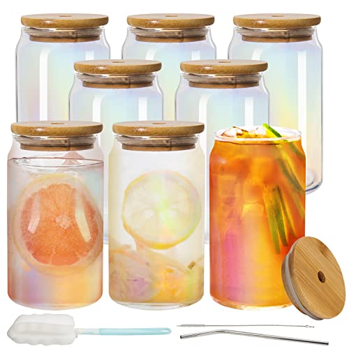 Ruckae Drinking Glasses with Bamboo Lids and Straw, 16oz 8 Pack Glass Cups,Glass Tumbler with Straw and Lid,Smoothie Cup,Iced Coffee Cup for Beer,Soda,Iced Coffee, Smoothies,Cocktail,Whiskey