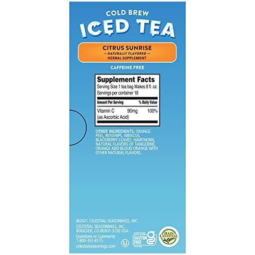 Celestial Seasonings Cold Brew Iced Tea, Citrus Sunrise, Caffeine Free, 18 tea bags (Pack of 6)