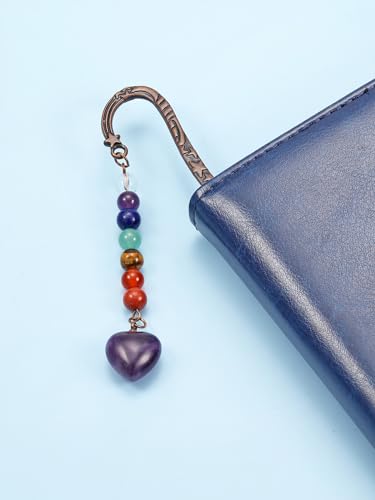 Jovivi Crystal Heart Bookmark for Women Antique Copper Metal Bookmark Natural 7 Chakra Beads Amethyst Healing Stone Vintage Bookmarks for Student Office Birthday Gifts