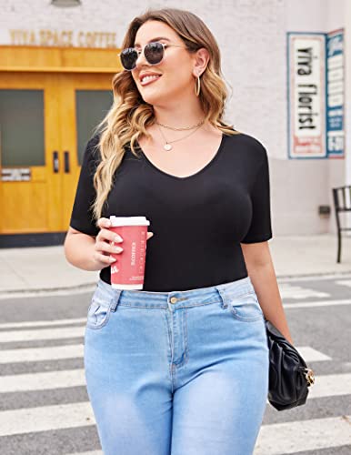 IN'VOLAND Women's Bodysuit Plus Size Sexy V Neck Bodysuits Leotards Solid Basic Top T Shirt Jumpsuits