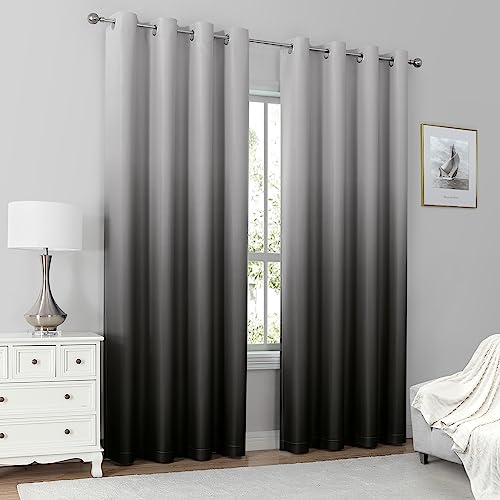 HOMEIDEAS 100% Black Ombre Blackout Curtains for Bedroom, Room Darkening Curtains 52 X 63 Inches Long Grommet Gradient Drapes, Light Blocking Thermal Insulated Curtains for Living Room, 2 Panels