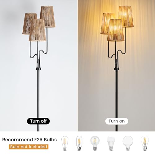 Rattan Floor Lamp, 68in. Boho Floor Lamps with Natural Shade, 3-Light Tree Lamp for Coastal, Beach or Bohemian Style Decor, E26 Socket, On/Off Footswitch Lamp for Living room, Bedroom (Bohemian-Black)
