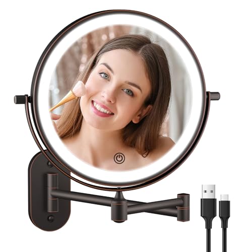 Rechargeable Wall Mounted Lighted Makeup Vanity Mirror 8 Inch Double Sided 1X 10X Magnifying Bathroom Mirror, 3 Color Lighting, Touch Dimming, Extended Arm 360 Rotation Light up Mirror Antique Bronze