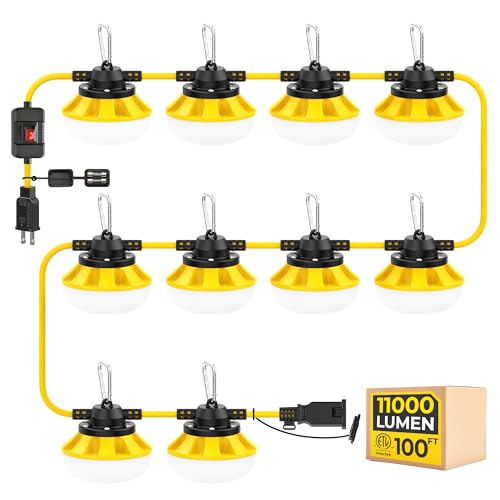 HYANGLUX 100ft Switch LED String Lights: 100w 11000lm ETL Certified Bright Industrial Outdoor Temporary Lighting Construction Hanging IP65 Waterproof 18AWG Wire Work Light for Attic Jobsite Garage