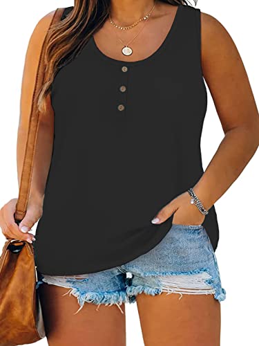 DOLNINE Plus Size Sleeveless Tops for Women Casual Button Down Henley Shirts Loose Fit Tunics Light Green 16W