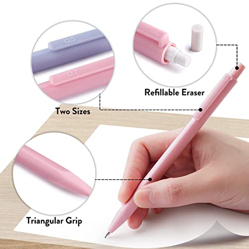 Four Candies Cute Mechanical Pencil Set, 6PCS Pastel Mechanical Pencils 0.5 & 0.7mm with 360PCS HB Pencil Leads, 3PCS Erasers and 9PCS Eraser Refills, Aesthetic Mechanical Pencils for Girls Writing