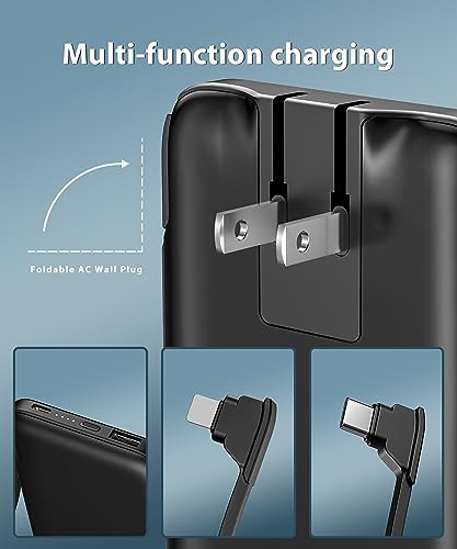 TG90° 10000mah Portable Charger with Built in Cables and AC Wall Plug, All in One Portable Phone Charger External Battery Packs Compatible with iPhone and Android Phones