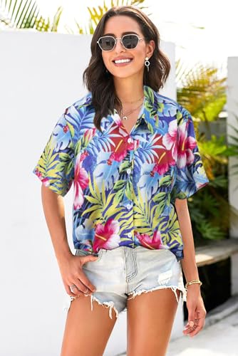 Hawaiian Shirts for Women Tropical Floral Printed Hawaii Shirts Button Down V Neck Short Sleeve Blouses Tops Blue