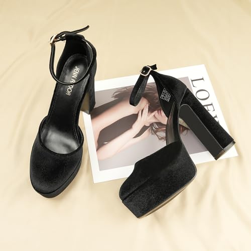 JENN ARDOR Women's Platform Heels 5 Inch Chunky High Heel Pumps Block Heels 1.7 Inch Platform Ankle Strap Closed Toe for Dress Wedding Party Pumps Black- Velvet