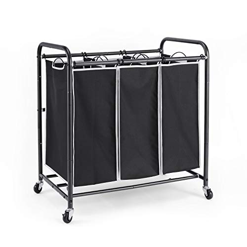 ROMOON Laundry Sorter, 3 Compartment Laundry Hamper with Heavy Duty Rolling Lockable Wheels, Laundry Basket Organizer with Removable Bags for Dirty Clothes Storage, Black
