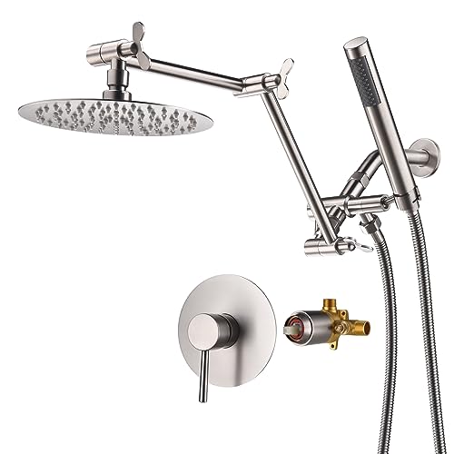 Rain Shower Head With Handheld Combo Set, Bathroom Shower System with Rough-in Valve, With Adjustable Extension Arm & 3-Way Diverter & Wall Mounted Shower Fixtures (8"round, Brushed Nickel)