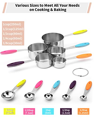 Joyhill Stainless Steel Measuring Cups and Spoons Set of 10 Piece, Nesting Metal Measuring Cups Set with Soft Touch Silicone Handles for Dry and Liquid Ingredients, Cooking & Baking (Colorful)