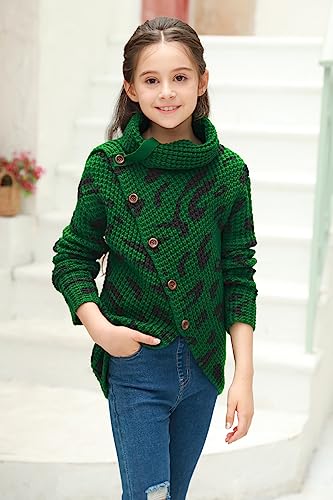 Haloumoning Girls Sweaters Button Turtle Cowl Neck Asymmetric Hem Wrap Pullover Sweaters for Girls A-Khaki