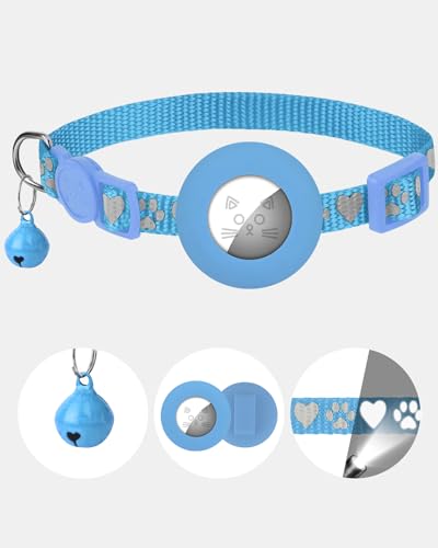 Aiyuda Reflective Breakaway Airtag Cat Collar, Slide-On Air Tag GPS Tracker Holder Compatible for Apple Airtag, Removable Jingle Bell, 3/8” Wide Cat Collars for Girl and Boys, Aqua Blue, Heart