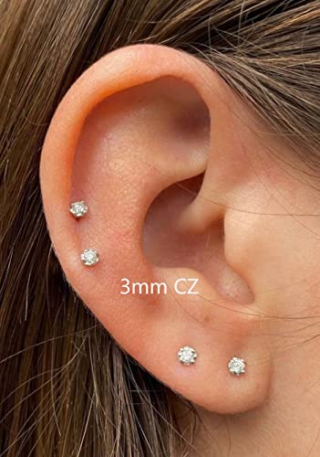 3mm Tiny CZ Screw on Flat Back Stud Earrings,Gold Plated Flat Back Cubic Zirconia Earrings for Helix Cartilage Tragus Earlobe Piercing Jewelry Gift for Women Girls Toddlers(3mm CZ, Gold)