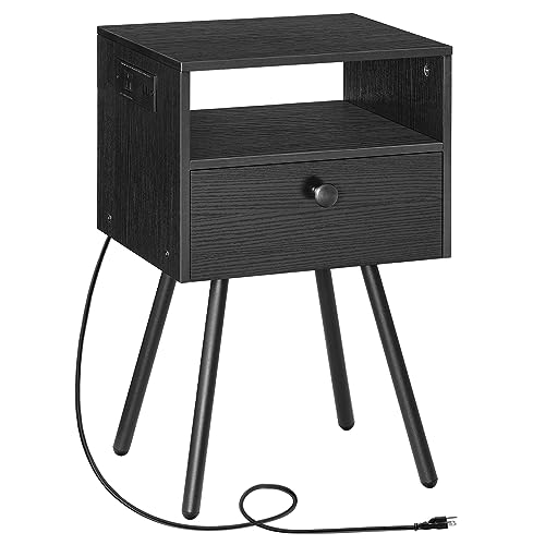 HOOBRO Nightstand with Charging Station, End Table with USB Ports and Outlet, Side Table for Tight Spaces, Solid and Stable, for Office, Bedroom, Study, White and Gold DW88UBZ01