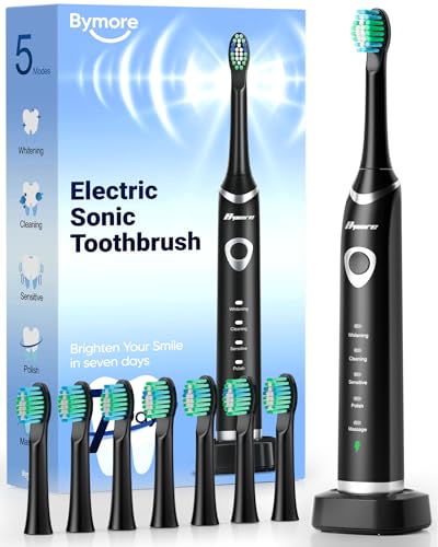 Bymore Electric Toothbrush for Adults,Travel Sonic Toothbrush with 8 Replacement Heads, Ultra Clean Rechargeable Toothbrush Portable One Charge for 330days 5 Modes 2mins Timer-Black