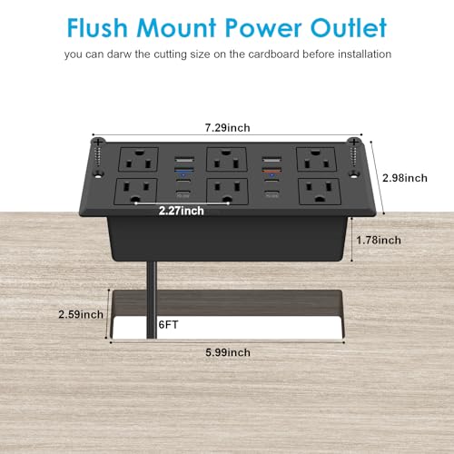 Recessed Power Strip with PD 30W Fast Charging, Conference Desk Flush Mount Outlets Plug in 6 Outlets & 8 USB Ports,3FT Cord Furniture Drawer Outlet Black