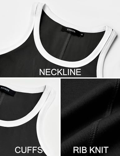 ZESICA Women's 2024 Summer Ribbed Color Block Tank Tops Casual Knit Scoop Neck Sleeveless Shirts Blue S
