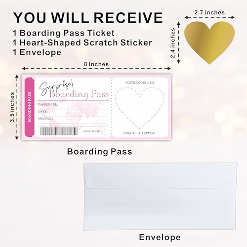 Surprise Boarding Pass Gift Ticket, DIY Scratch Off Travel Ticket Set With Envelopes, Surprise Reveal Gift Card For Events & Holidays(Pink) - A40