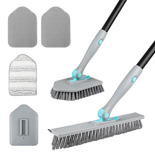 Scrub Brush with Long Handle, 5 in 1 Hard Bristle Shower Scrubber with Crevice Cleaning Brush and Squeegee, 50 inch Heavy Duty Stiff Brushes for Clean Bathroom Ceramic Tile Floor Toilet Tub Kitchen