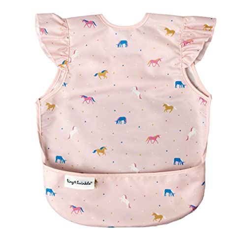 Tiny Twinkle Mess Proof Baby Bib - Waterproof Baby Apron - Machine Washable - PVC, BPA, & Phthalate Free - Great Travel Bib for Baby Eating - Baby Food Bibs (Unicorn Confetti, Small 6-24 Months)