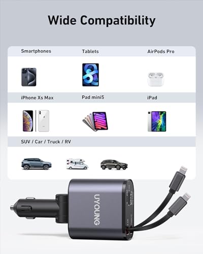 iPhone Car Charger 4 in 1 Fast USB Car Phone Charger 20W Double Lightning Retractable Cables 31.5 Inch and 2 USB Ports Car Charger Adapter for iPhone 15/14/13/12 Pro Max/XR/XS,Samsung,Pixel,iPad