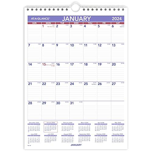 AT-A-GLANCE 2024 Wall Calendar, 8" x 11", Small, Ruled Blocks, Spiral Bound, Monthly (PM12824)