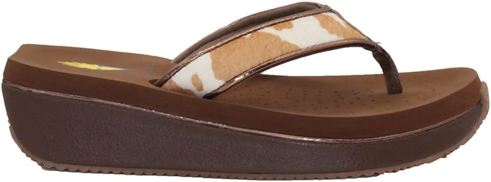 Volatile Neville Wedge Sandals for Women Featuring Soft Webbed Textile Thong Post, Padded Lining, and Slip-On Wedge Style, Tan/White/Cow - 6